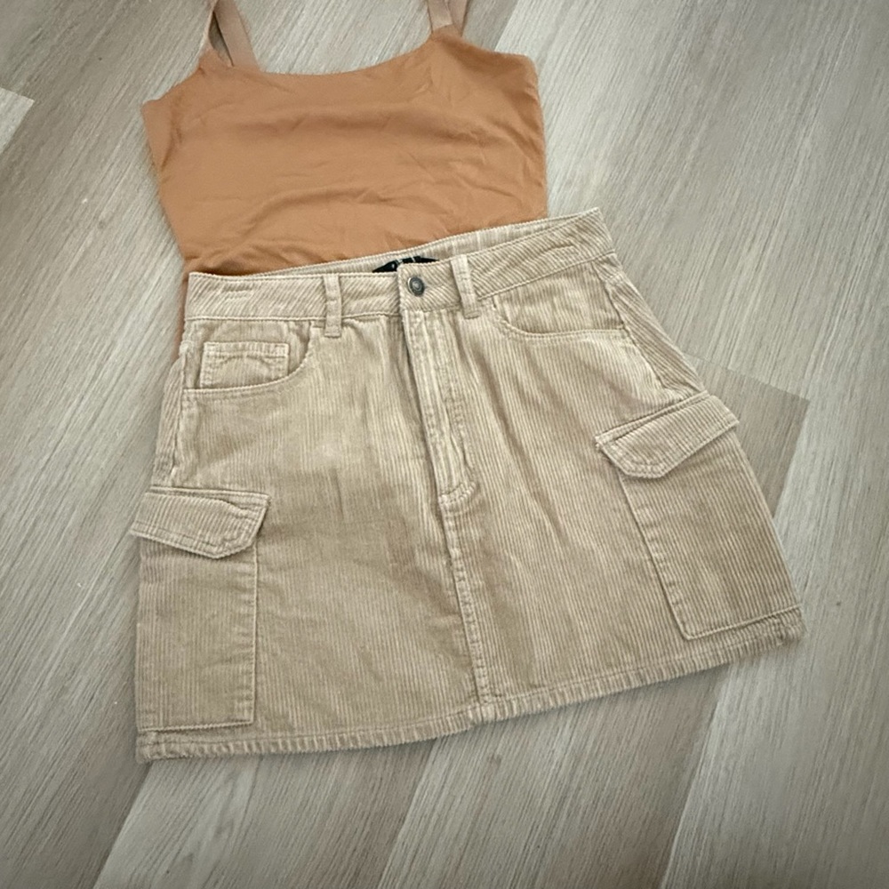 Beige Corduroy Mini Skirt with Pockets